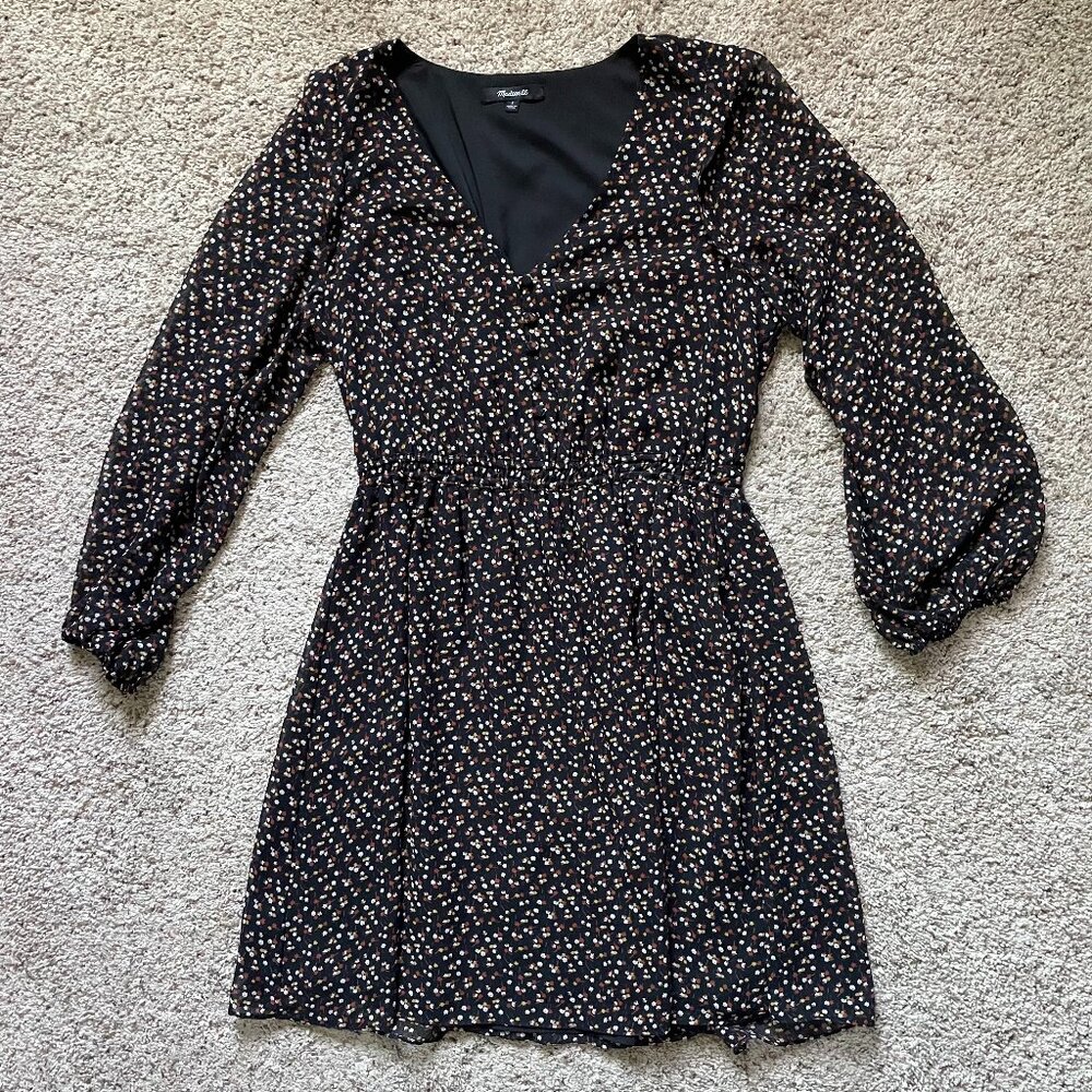 - Madewell - Georgette Button Front Mini Dress, Black Long Sleeve V-Neck Dress